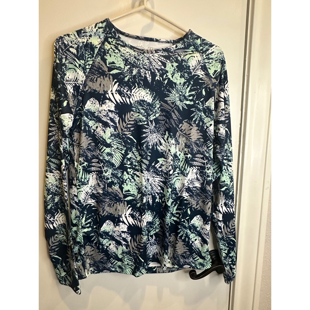 Reel Life Womens Tropical Palm Print Sun Shirt Long Sleeve Thumbholes Blue M
